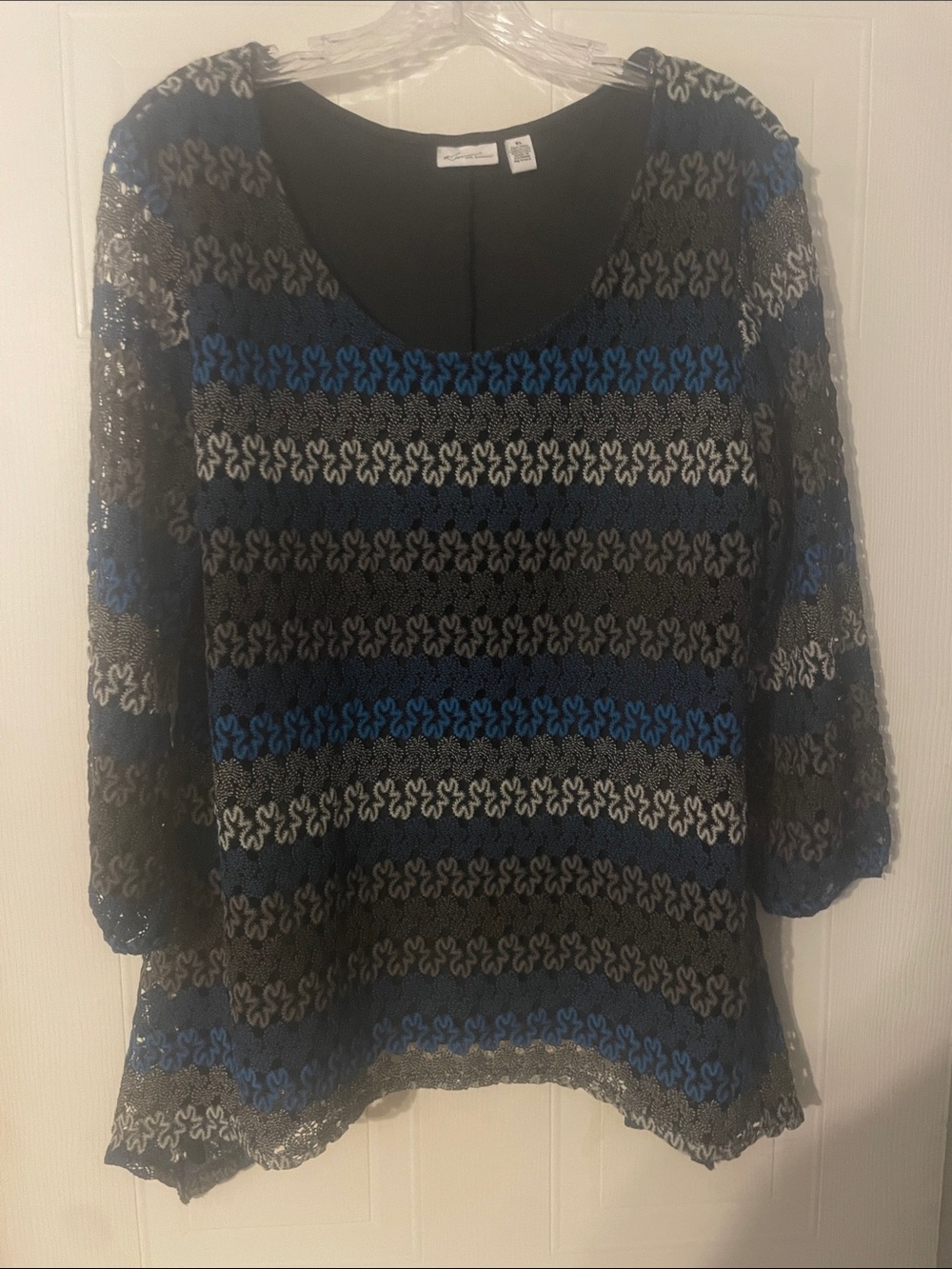 Kim Rogers Black, Blue & Gray Sheer Lace Stripe Blouse